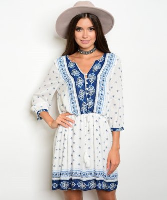 NEW S WHITE NAVY BLUE PAISLEY FLORAL TASSEL BUTTON GAUZE BOHO PEASANT DRESS  | eBay