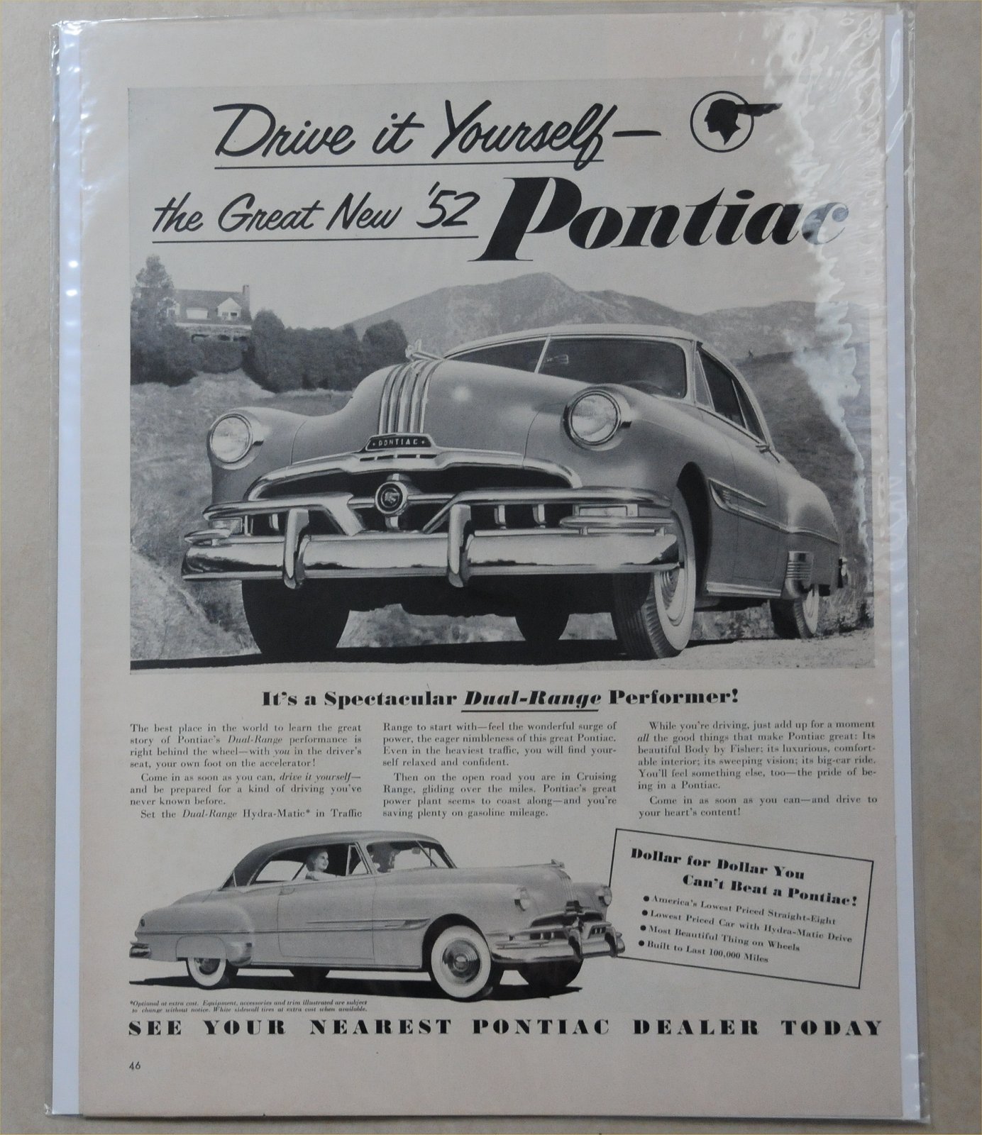 Original Magazine Print Ad for the 1952 Pontiac Car