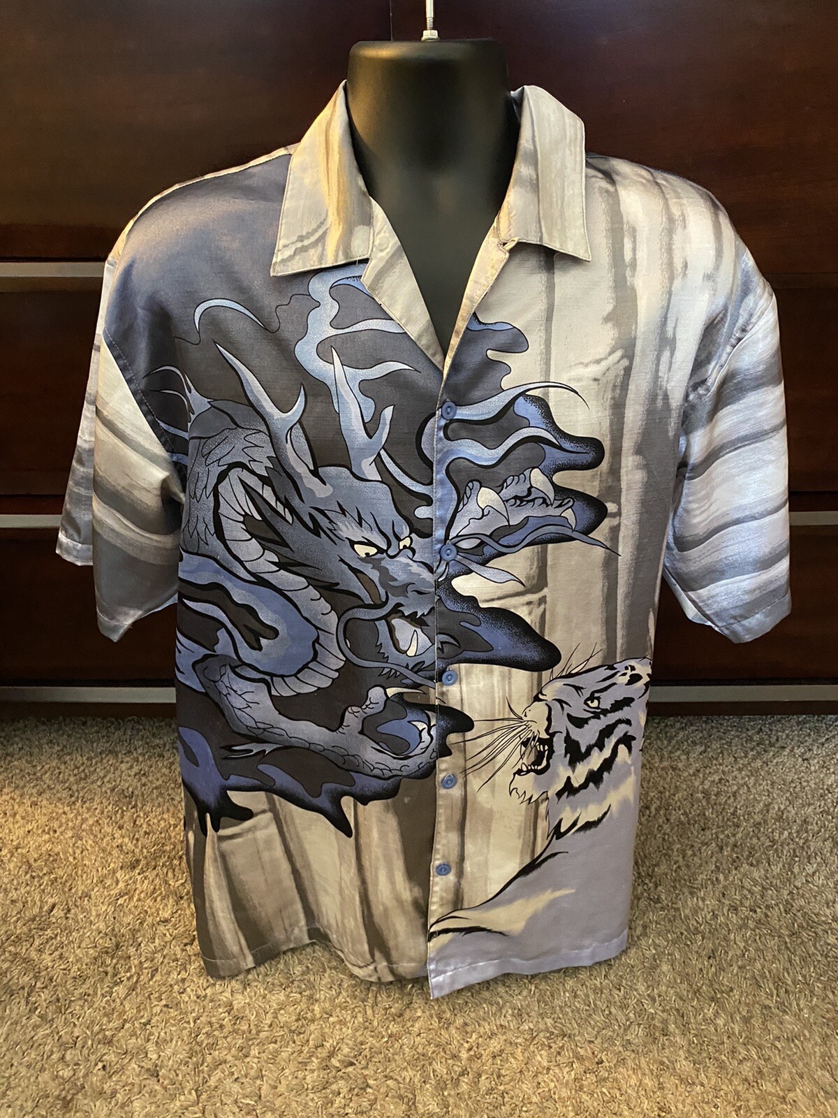 Bar Code Dragon Tiger Button Front Shirt Size Med… - image 1