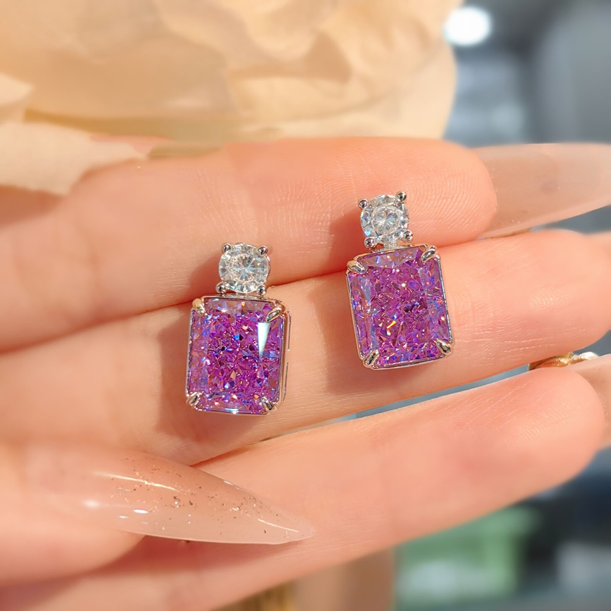 New 12mm Ice Flower Cut Purple Amethyst Gems Charm Women Silver