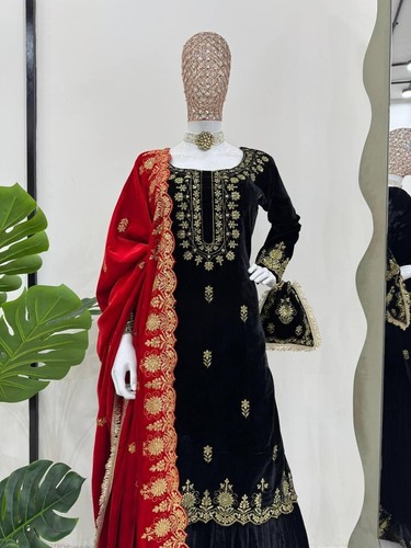 3 Piece Sharara Indian Women Velvet Clothing Party Wear Salwar Suit Stitched Eid - Picture 2 of 11