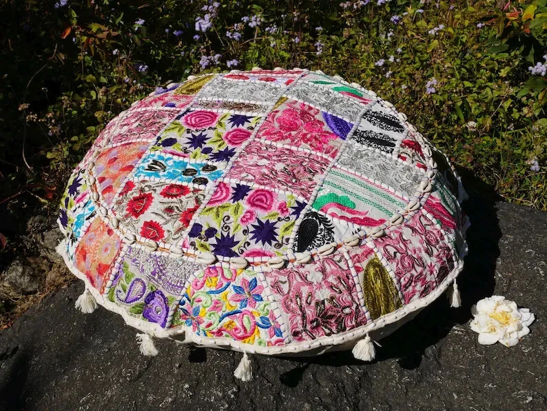 Patchwork 22" Round Cushion Pillow Cover Handmade Vintage Ethnic Boho Decorative - Image 2 of 4