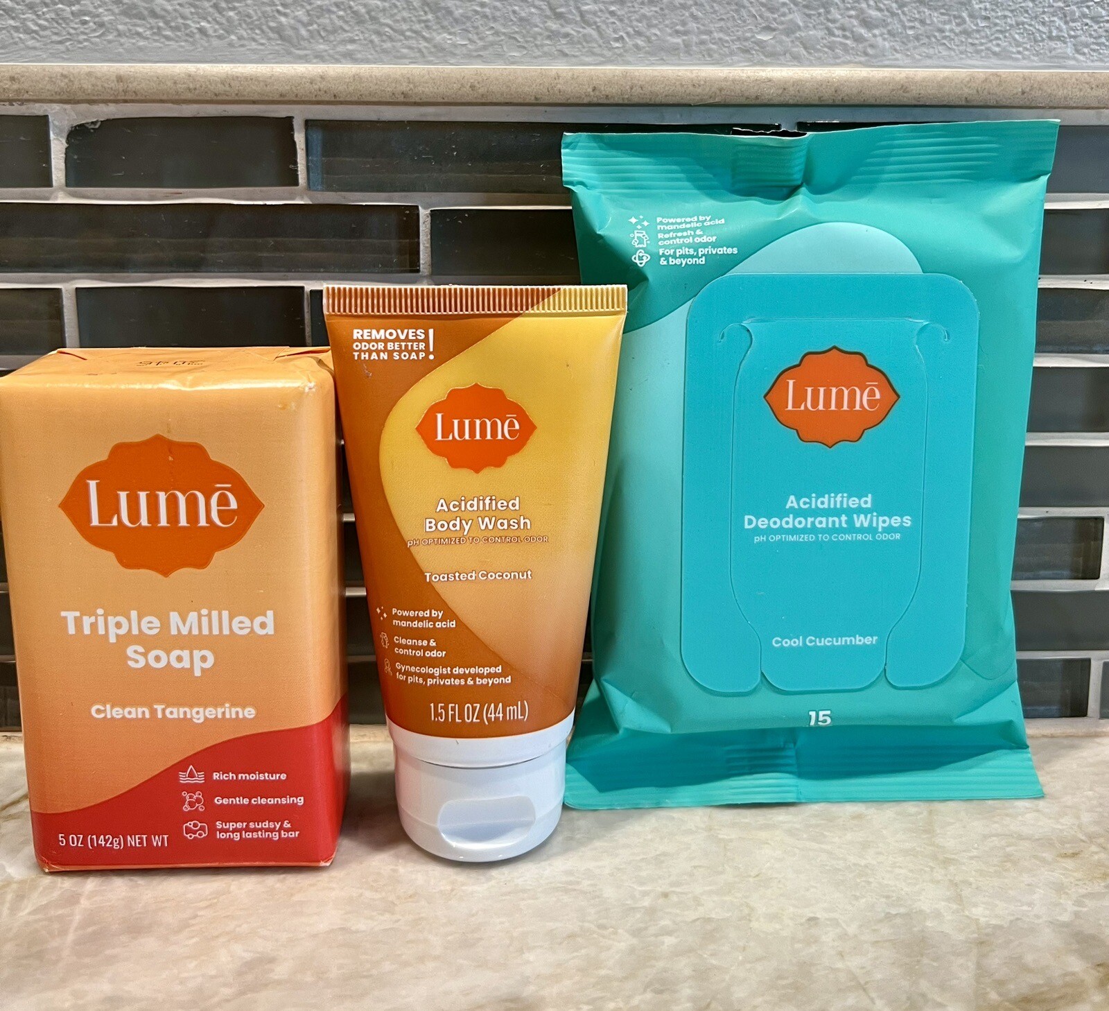 LUME BUNDLE Acidified Body Wash Triple Milled Soap Acidified Deodorant Wipes eBay