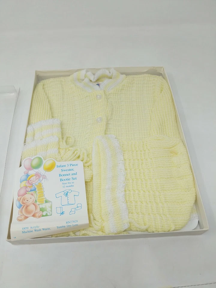 Cradle Knit Infant Baby Sweater Hat Bootie Set Yellow VTG 1970s 70s 80s 1980s - Image 3 of 4