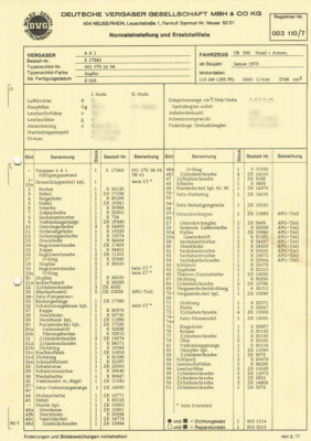 Einstelldaten Datenblatt Ersatzteilliste Solex 4A1 Vergaser Mercedes 280 E17343