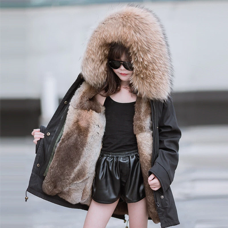 Kids Girls Winter Raccoon Fur Collar Jackets Rex Rabbit Fur Liner Coat Outerwear