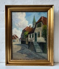 Quadro a Olio Piccola Città Con Vecchio Case IN Cornice Antico 68 X 54 CM Annata