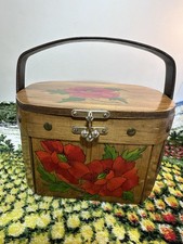 1960 s Vintage Wooden Box Purse, Hand Painted Poppies, Artist Signed