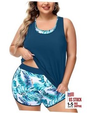 Women Plus Size 3 Piece Tankini Swimsuits Athletic 16 Plus Blue and Green Leaf