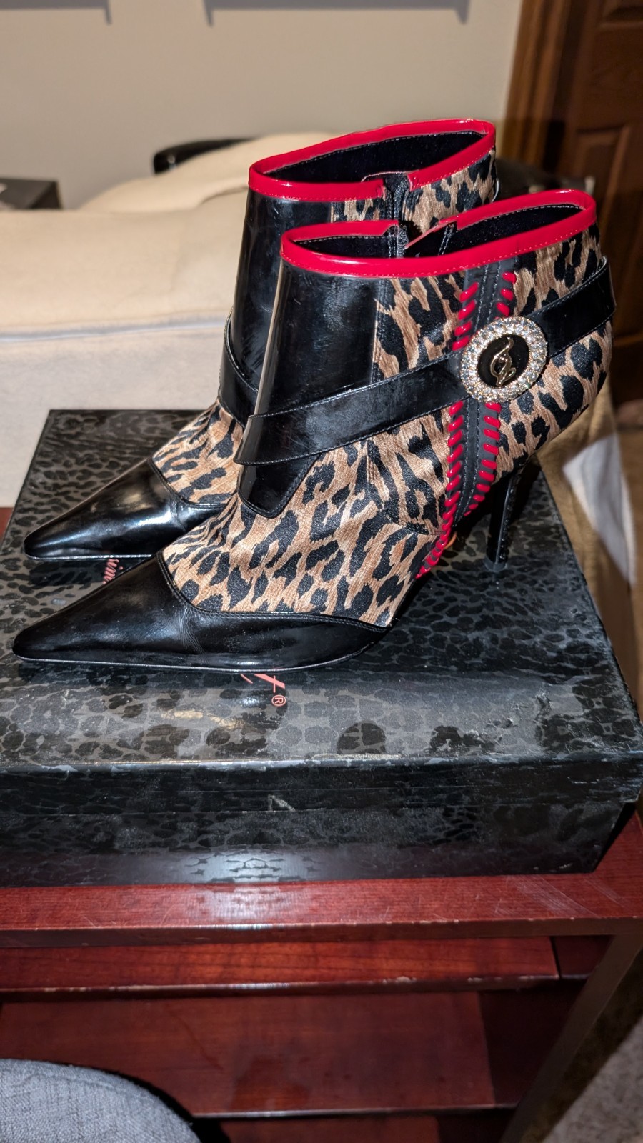 Baby Phat Leopard Print Heel Ankle Boot Black Leather Stiletto