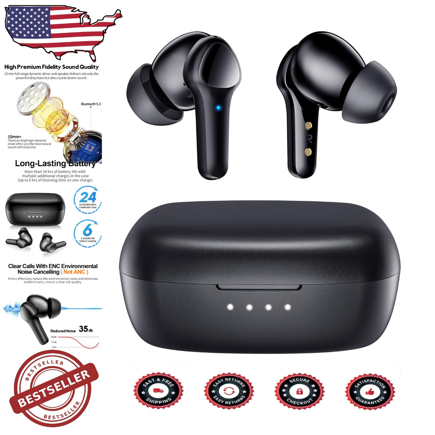 Lightweight Bluetooth 5.3 Wireless Earbuds with Extended Battery Life & Crystal Clear Calls in Black