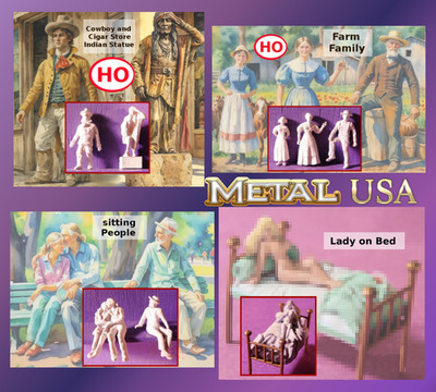 choice HO train scene people Cowboy Cigar statue Lady on bed Farm family metal