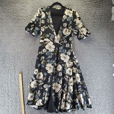 Gianni Bini Dress Womens Medium Black Floral V-Neck Puff Sleeve Midi Wrap Style