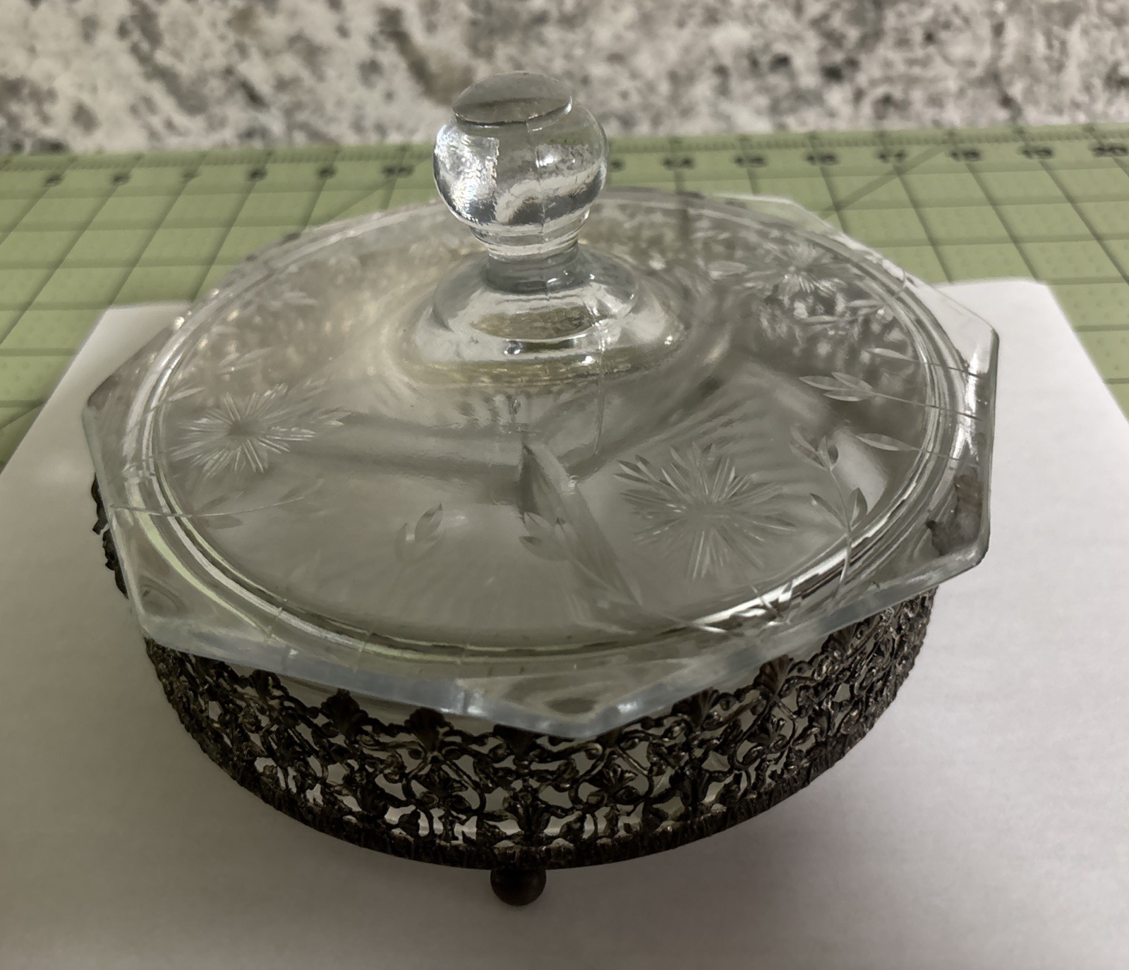 Elegant Floral-Lid 3-Part Candy Dish with Decorative Base 6 Inch Diameter