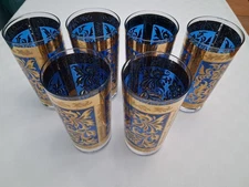 MCM Georges Briard Barware 6" HIGHBALL GLASSES ~ GOLD BLUE  ~  