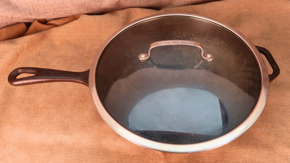 12" Cast Iron Wok with Handle and Glass Lid Cuisinart Seasoned Ready Cook