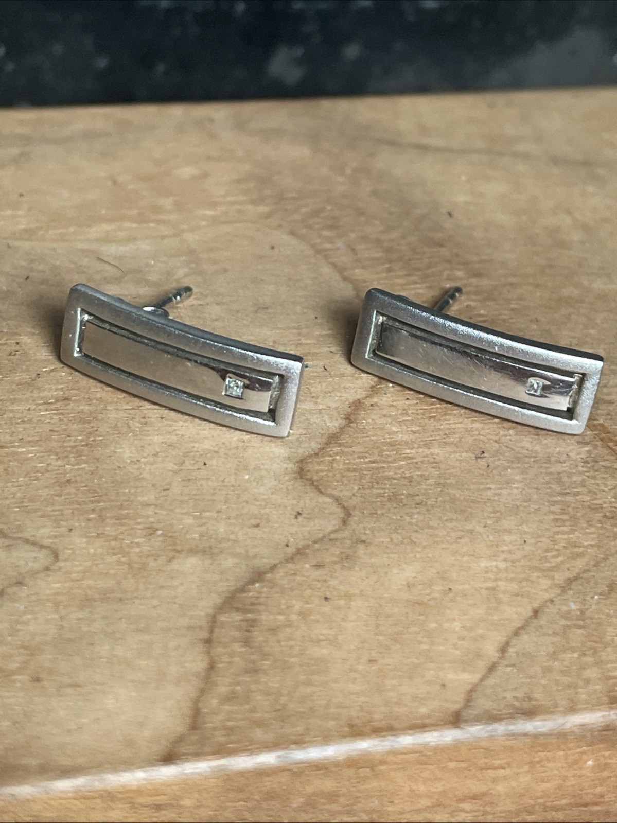 Sterling Silver w/Small Diamond Rectangular Bar E… - image 1