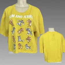 WB Tom & Jerry XXL Yellow Crew Neck Mutiple Poses Graphic Short Sleeve Crop Tee