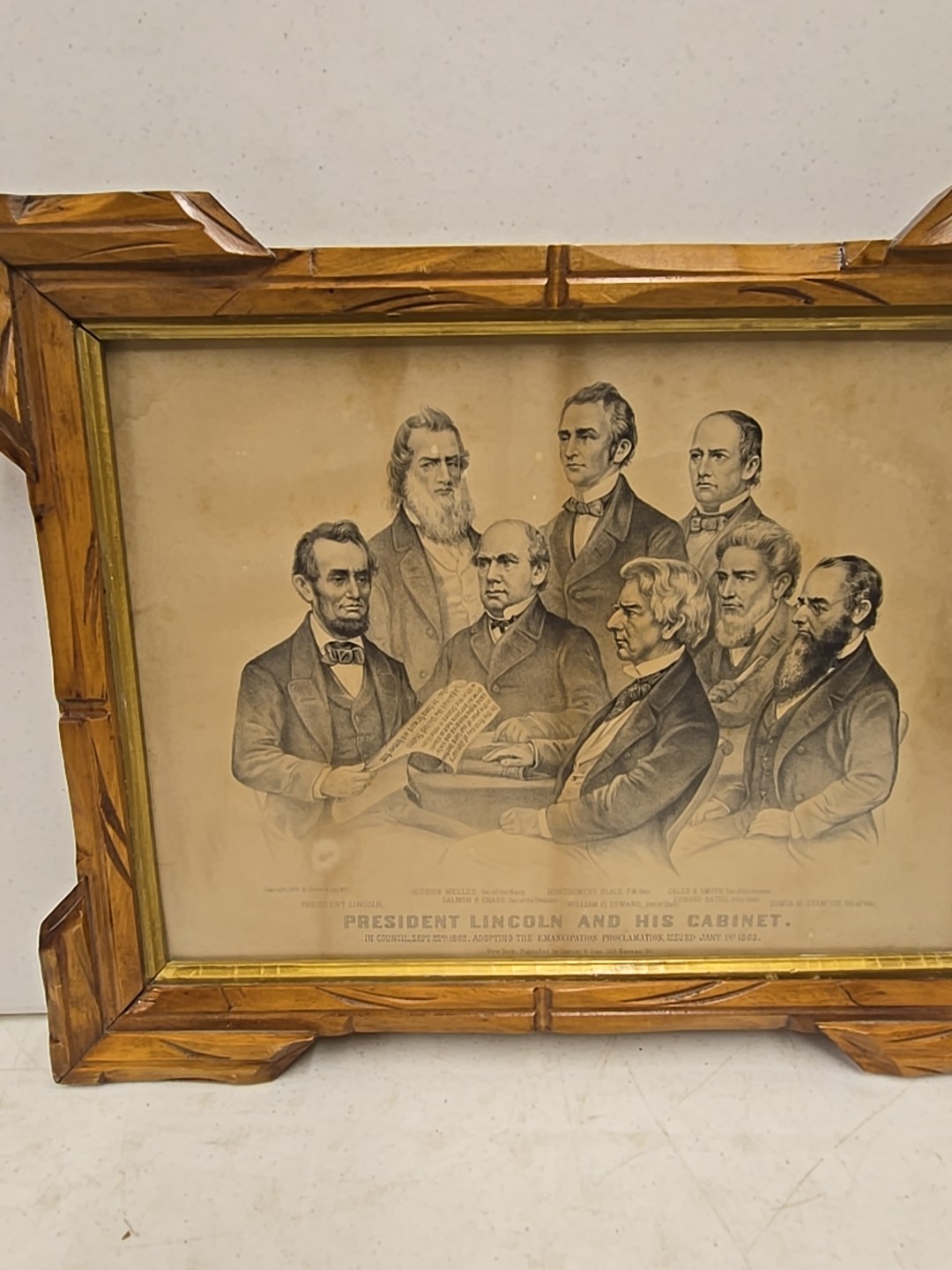 Antique 1876 President Lincoln & His Cabinet Framed Currier & Ives Etching Print