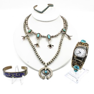 Southwest Sterling Turquoise Necklace Watch Cuff Bracelet Lot of 5 #S4404 3