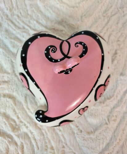 2006 Heart Shaped Ceramic Valentine Candy Jar & Lid Pink Black White Polka Dots - Picture 3 of 9