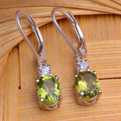4.12Ct Oval Shape Natural Peridot & Diamond Dangle Earring 14K White Gold Plated