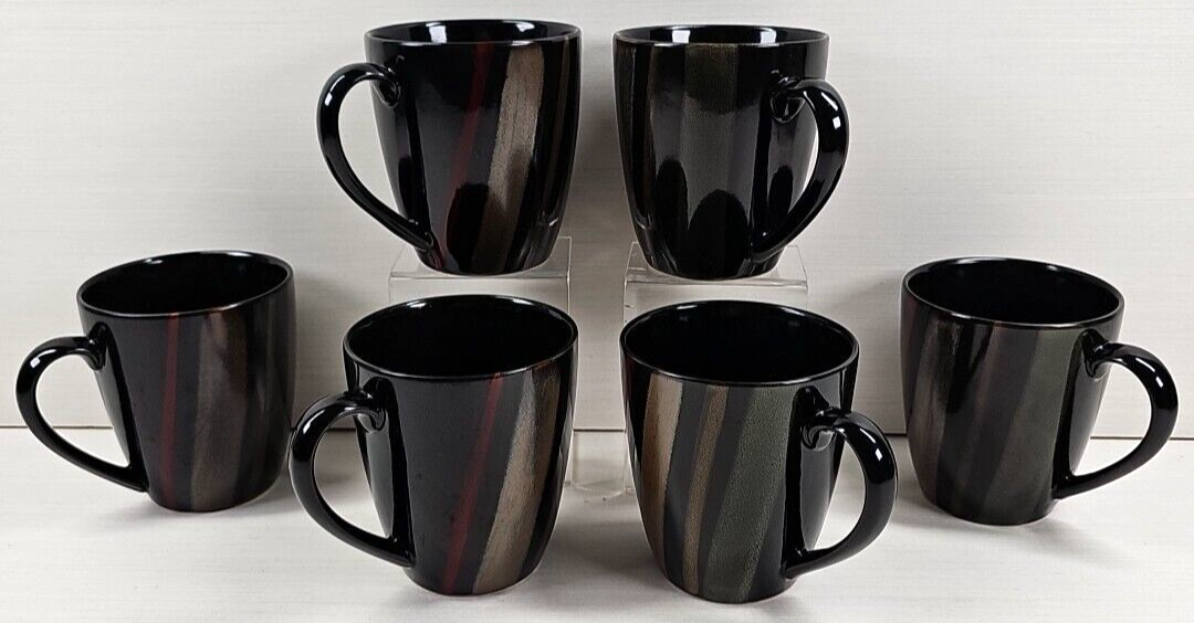 (6) Sango Avanti Black Mugs Set Brown Sand Striped Coffee Cup Stoneware  4721 Lot