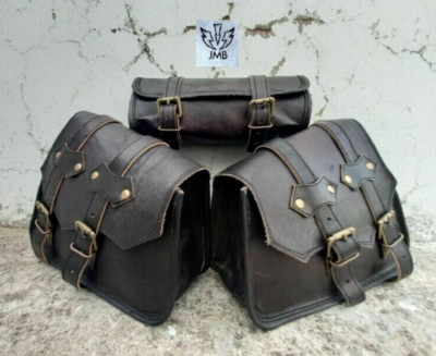 Real Black Goat Leather COMBO Motorcycle Saddle Bag Panniers Tool Pouch JMB  
