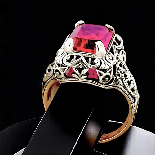 ART DECO STYLE LAB-CREATED 5 CT. RUBY 925 STERLING SILVER FILIGREE RING #015 - 第 1/3 張圖片
