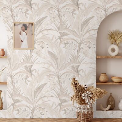 Eco-Friendly Tropical Forest Beige Wallpaper Sheets Made in Italy