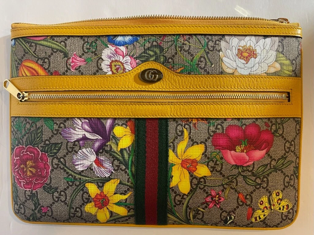 GUCCI GG Supreme Monogram Flora Large Ophidia Pouch Clutch Yellow