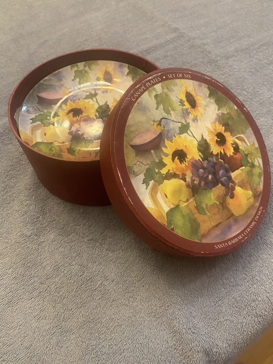 Lot De 6 Assiettes à Canapé Design Santa Barbara Par Judy Buswell, Céramique Multicolore Motifs Fleurs/fruits