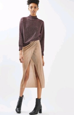 Metallic Nude Plisse Wrap Midi Skirt Topshop Size 12 BNWOT