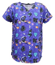 Women Halloween Christmas Medical Scrub Purple Base Black Witch Small
