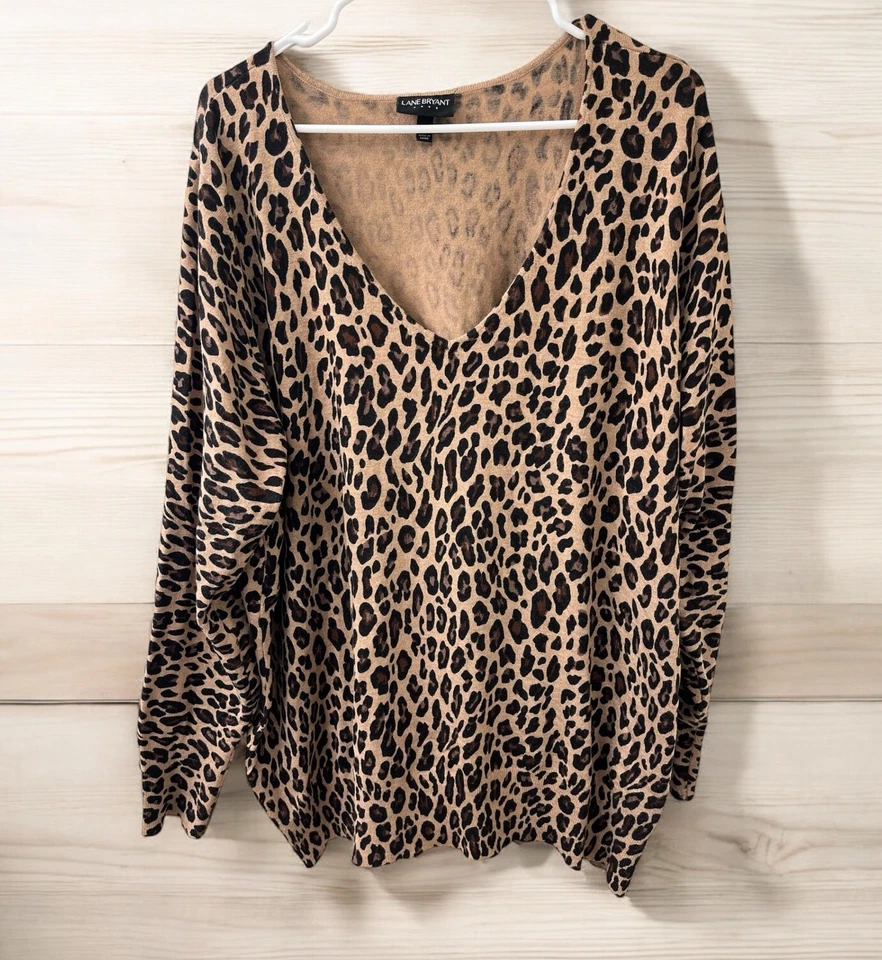 Suéter Lane Bryant para mujer talla grande 26/28 cuello en V manga larga guepardo leopardo top