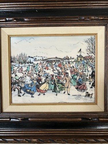 Currier & Ives Hand Colored Engraving Skating Scene Vintage America 16x18” - Picture 2 of 7