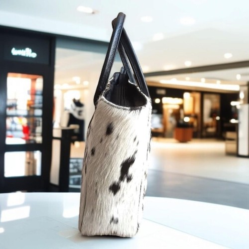 Handmade Cowhide Leather Tote Bag – Large Black & White Hair-On Hide Shoulder ba - Picture 6 of 7