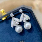 classic pair of 9-10mm south sea round white pearl dangle earring 925s(xy)