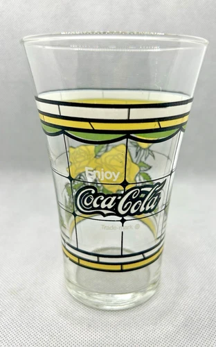 Vintage Coca Cola Green Yellow Rose Stain Flair Style Glass MCM Retro