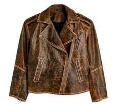 1980s Oversized Biker Distressed Brown Real Leather Women Jacket | Gift For Her