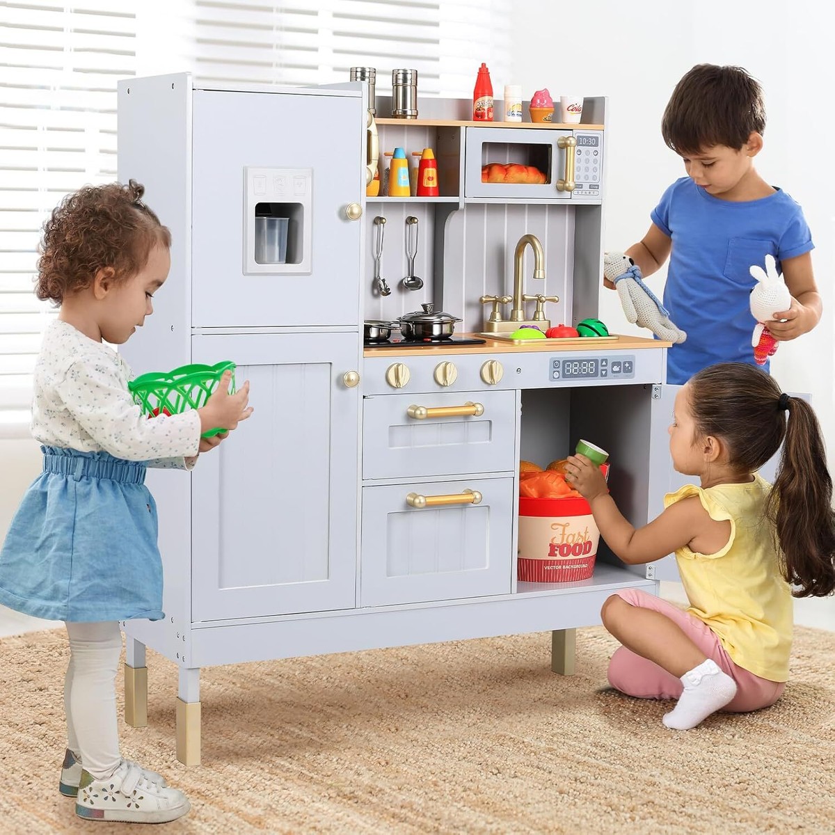 Wooden Toys For 2 Year Olds Kids Play Kitchen For Chef Pretend Kitchen Playset With Real Lights And Sounds And 14 Pcs Toy Kitchen Accessories, Wooden Toddler Pink Play Kitchen Set For