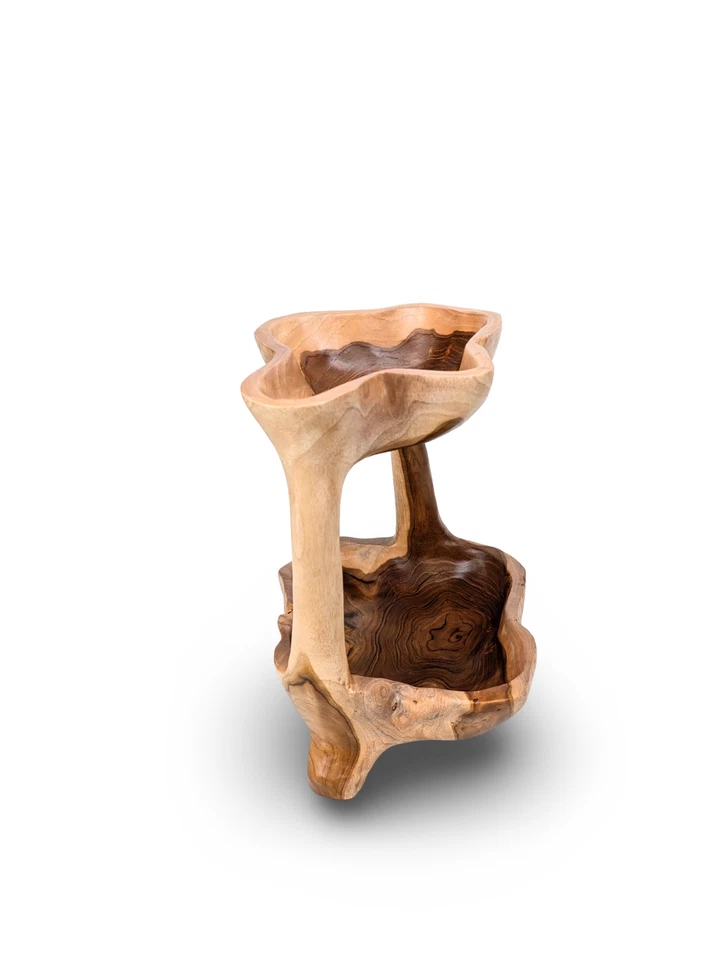 Frutero de teca, soporte de madera de 2 niveles, soporte de doble cuenco, frutero de madera Foto 4 de 4