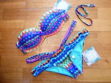 NWT XL L/XL XS/S Luli Fama Tribal Beach Sexy Bandeau Underwire Padded Bikini Set