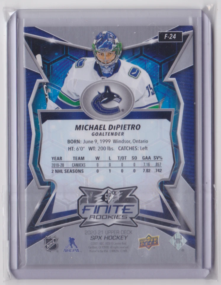 2020-21 UD SPX FINITE ROOKIES INSERT MICHAEL DiPIETRO #F-24 VANCOUVER CANUCKS - Image 2 of 2