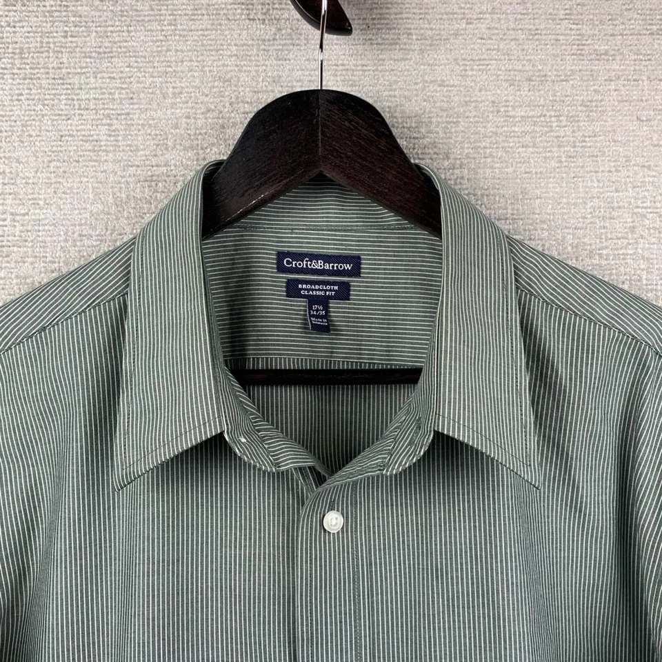 Camisa de vestir con botones Croft & Barrow para hombre 17 1/2 x 34/35 gris blanco a rayas Foto 4 de 4