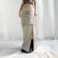 Lady Casual Cargo Maxi Skirt Side Slit A-line Zip Frill Hiking Hip Hop Punk Chic
