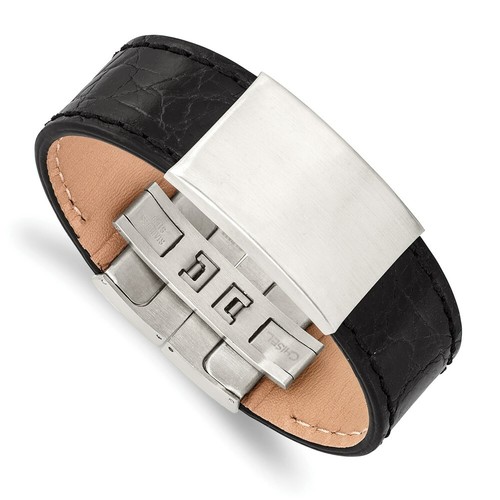 Stainless Steel Brushed Black Leather ID Bracelet - Picture 1 of 4