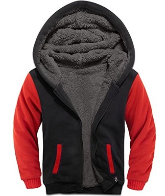  Hooded Jacket for Boys Full Zip Ultra Soft Sherpa Fleece 12-13 Years Black Red