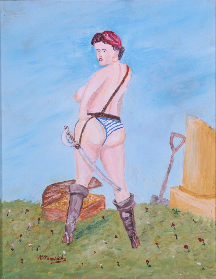 Pintura popular acrílica única de N. Nomikos - Tema de cazador de tesoros, colorida Foto 2 de 4