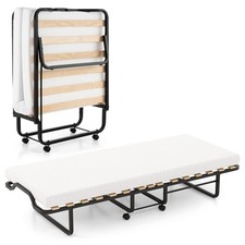 Folding Rollaway Guest Bed w/ 4" Memory Foam Mattress Wood Frame Lockable Wheels